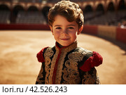 Brave Bullfighter child boy bull. Generate Ai. Стоковое AI-изображение, AI-художник Иван Рябоконь / Фотобанк Лори