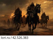 Skilled Army warriors horseback. Generate Ai. Стоковое AI-изображение, AI-художник Иван Рябоконь / Фотобанк Лори