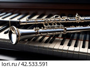 Flute with piano. Flute on piano keys. Wind instrument for musical design of concert creativity. Стоковое AI-изображение, AI-художник Aleksandr Golubev / Фотобанк Лори