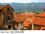 Kotor is a coastal city in Montenegro. Bay of Kotor. Red tiled roofs, mountain and chimneys of a tourist ship. Excursions and tourism. Cathedral of Saint Tryphon. Medieval old towns in the Adriatic (2022 год). Стоковое фото, фотограф Юлия Петровская / Фотобанк Лори