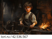 Tenacious Blacksmith child forge. Generate Ai. Стоковое AI-изображение, AI-художник Иван Рябоконь / Фотобанк Лори