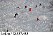 People learning to ski on ski southern slope of Bolshoi Vudyavr ski complex, Kirovsk, Murmansk region, Russia in March (2024 год). Стоковое фото, фотограф Алексей Антипов / Фотобанк Лори