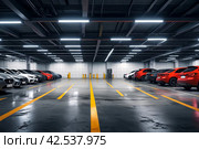 Underground garage or modern parking lot with large number of cars. Underground Parking of shopping center or garage interior with restriction posts, color-coded stripes on concrete floor. Стоковое AI-изображение, AI-художник Aleksandr Golubev / Фотобанк Лори