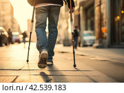 Vulnerable Man injured leg using crutches. Generate Ai. Стоковое AI-изображение, AI-художник Иван Рябоконь / Фотобанк Лори