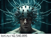 Innovative Man with brain electrodes futuristic helmet. Generate ai. Стоковое AI-изображение, AI-художник Иван Рябоконь / Фотобанк Лори