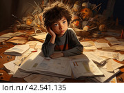 Studious Boy doing math homework. Generate Ai. Стоковое AI-изображение, AI-художник Иван Рябоконь / Фотобанк Лори