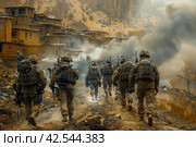 Combat soldiers of an elite counter-terrorism unit return to base after a raid.,    Generative AI. Стоковое AI-изображение, AI-художник Анна Кривицкая / Фотобанк Лори