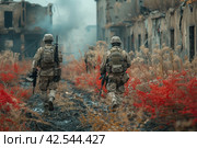 Combat soldiers of an elite counter-terrorism unit return to base after a raid.,    Generative AI. Стоковое AI-изображение, AI-художник Анна Кривицкая / Фотобанк Лори