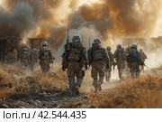 Combat soldiers of an elite counter-terrorism unit return to base after a raid.,    Generative AI. Стоковое AI-изображение, AI-художник Анна Кривицкая / Фотобанк Лори
