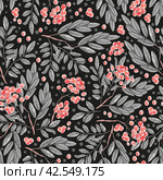 Seamless colorful autumn pattern with rowan berries and leaves on a black background. Floral rowan illustration for print. Стоковая иллюстрация, иллюстратор Ольга Морозова / Фотобанк Лори