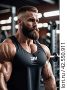 Брутальный накаченный мужчина-бодибилдер в чёрной майке | Brutal pumped up male bodybuilder in a black T-shirt. Стоковое AI-изображение, AI-художник Данил Рыбаков / Фотобанк Лори