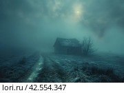 Old abandoned house in a foggy winter landscape. Retro style..,    Generative AI. Стоковое AI-изображение, AI-художник Анна Кривицкая / Фотобанк Лори