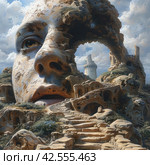 An artistic composition in which architectural elements merge with human facial features. A large fragment of rock imitates the shape of a face with an expressive eye, nose and mouth,    Generative AI. Стоковое AI-изображение, AI-художник Анна Кривицкая / Фотобанк Лори