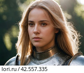 An image of a long-haired blonde girl in knightly robes. Generation of AI. Стоковое AI-изображение, AI-художник Виктор Застольский / Фотобанк Лори