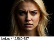 Close-up pretty portrait an angry discontented woman with finger on lips against dark background. Female emotion happy and actress show. Concept of satisfaction and inspiration. Copy space. Стоковое AI-изображение, AI-художник Aleksandr Golubev / Фотобанк Лори