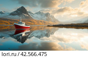 fishing boat moors in reflection under mountain peaks. Стоковое AI-изображение, AI-художник Юлия Гапеенко / Фотобанк Лори