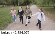 A group of happy children are running happily through the park holding hands and rejoicing and laughing. Стоковое видео, видеограф Громов Александр / Фотобанк Лори