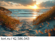 Sunset on the beach with grass and sea in the background.,    Generative AI. Стоковое AI-изображение, AI-художник Анна Кривицкая / Фотобанк Лори