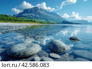 Beautiful mountain landscape with a lake and stones on the shore..,    Generative AI. Стоковое AI-изображение, AI-художник Анна Кривицкая / Фотобанк Лори