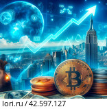 Рост курса цифровой криптовалюты биткойна. Концепт с монетами и мегаполисом на фоне. Трейдинг цифровыми активами на криптовалютном рынке. Стоковое AI-изображение, AI-художник Sergei Gorin / Фотобанк Лори