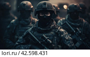 soldiers wearing masks and firearms in the dark. Стоковое AI-изображение, AI-художник Юлия Гапеенко / Фотобанк Лори