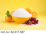 Yellow Bowl Filled With Sugar Surrounded by Fruit - Fresh, Sweet, and Colorful. Стоковое AI-изображение, AI-художник Данил Руденко / Фотобанк Лори