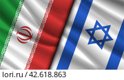 Wavy state flags of Islamic Republic of Iran and Israel. Relations between states. Political economic banner. Symbols of countries. Стоковая иллюстрация, иллюстратор GAlexS / Фотобанк Лори