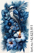 Bird among tropical flowers, blue colors, watercolor,    Generative AI. Стоковое AI-изображение, AI-художник Анна Кривицкая / Фотобанк Лори