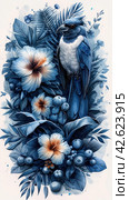 Bird among tropical flowers, blue colors, watercolor,    Generative AI. Стоковое AI-изображение, AI-художник Анна Кривицкая / Фотобанк Лори