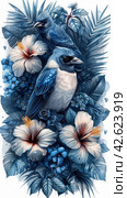 Bird among tropical flowers, blue colors, watercolor,    Generative AI. Стоковое AI-изображение, AI-художник Анна Кривицкая / Фотобанк Лори