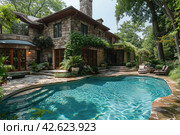 Pool in the shade of trees near the house, tropics,    Generative AI. Стоковое AI-изображение, AI-художник Анна Кривицкая / Фотобанк Лори