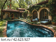 Pool in the shade of trees near the house, tropics,    Generative AI. Стоковое AI-изображение, AI-художник Анна Кривицкая / Фотобанк Лори