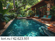 Pool in the shade of trees near the house, tropics,    Generative AI. Стоковое AI-изображение, AI-художник Анна Кривицкая / Фотобанк Лори