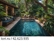 Pool in the shade of trees near the house, tropics,    Generative AI. Стоковое AI-изображение, AI-художник Анна Кривицкая / Фотобанк Лори