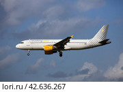Vueling airbus landing in Barcelona-El Prat Airport (2020 год). Редакционное фото, фотограф Яков Филимонов / Фотобанк Лори