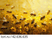 Swarm of bees buzzing around a honeycomb amidst yellow flowers. Стоковое AI-изображение, AI-художник Анна Кривицкая / Фотобанк Лори