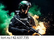 Male in uniform and helmet with weapon at explosion, smoke, fire sparks on black green background. Tactical units of police, military mission. Social problems and uprisings concept. Copy ad text space. Стоковое AI-изображение, AI-художник Aleksandr Golubev / Фотобанк Лори