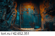 Green Door in Graffiti-Covered Room. Стоковое AI-изображение, AI-художник Юлия Гапеенко / Фотобанк Лори