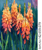 The flowers are arranged in pyramidal clusters and are painted in various shades from light orange to rich terracotta.    Generative AI. Стоковое AI-изображение, AI-художник Анна Кривицкая / Фотобанк Лори