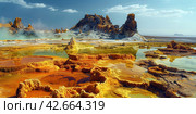 Amazing landscape with hot springs, vibrant sulfur deposits and volcanic rocks. Стоковое AI-изображение, AI-художник Евгений Харитонов / Фотобанк Лори