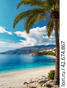 Palm tree on mountain against backdrop of azure Aegean Sea, lush mountains, fluffy clouds in blue sky and beach with white sand and people. Concept of relaxation, recreation and travel. Copy space. Стоковое AI-изображение, AI-художник Aleksandr Golubev / Фотобанк Лори