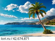 Palm tree on mountain against backdrop of azure Aegean Sea, lush mountains, fluffy clouds in blue sky and beach with white sand and people. Concept of relaxation, recreation and travel. Copy space. Стоковое AI-изображение, AI-художник Aleksandr Golubev / Фотобанк Лори