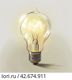 Incandescent light bulb on a light background. The tungsten filament, glass cylinder and lamp base are visible,    Generative AI. Стоковое AI-изображение, AI-художник Анна Кривицкая / Фотобанк Лори