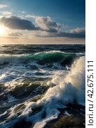Atmospheric scenery Dramatic Baltic sea, waves and water splashes on breakwaters. Nature north cloudscape on coast ocean. Environment with fickle weather, climate change. Stormy, abstract backgrounds. Стоковое AI-изображение, AI-художник Aleksandr Golubev / Фотобанк Лори