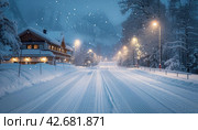 Snowy road in a tranquil village at night with shimmering stars and a light dusting of snowflakes. Стоковое AI-изображение, AI-художник Юрий Поздников / Фотобанк Лори