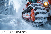 Close-up of a snow groomer track with snow and trees in the background. Стоковое AI-изображение, AI-художник Юрий Поздников / Фотобанк Лори
