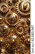Close-Up of Gold Gears. Стоковое AI-изображение, AI-художник Юлия Гапеенко / Фотобанк Лори