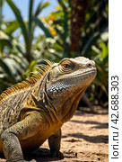 land iguana (Conolophus subcristatus) endemic to Galapagos islands. Lizards (Conolophus) in tropical animal world. Observation of wildlife area. Holiday adventure in Ecuador. Стоковое AI-изображение, AI-художник Aleksandr Golubev / Фотобанк Лори