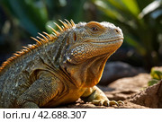 land iguana (Conolophus subcristatus) endemic to Galapagos islands. Lizards (Conolophus) in tropical animal world. Observation of wildlife area. Holiday adventure in Ecuador. Стоковое AI-изображение, AI-художник Aleksandr Golubev / Фотобанк Лори