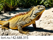 land iguana (Conolophus subcristatus) endemic to Galapagos islands. Lizards (Conolophus) in tropical animal world. Observation of wildlife area. Holiday adventure in Ecuador. Стоковое AI-изображение, AI-художник Aleksandr Golubev / Фотобанк Лори